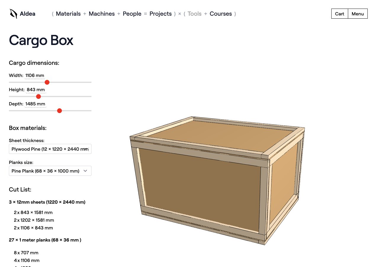 The cargo-box designer on workshops.aldea.art: sliders for the box size and a cut list generated from them