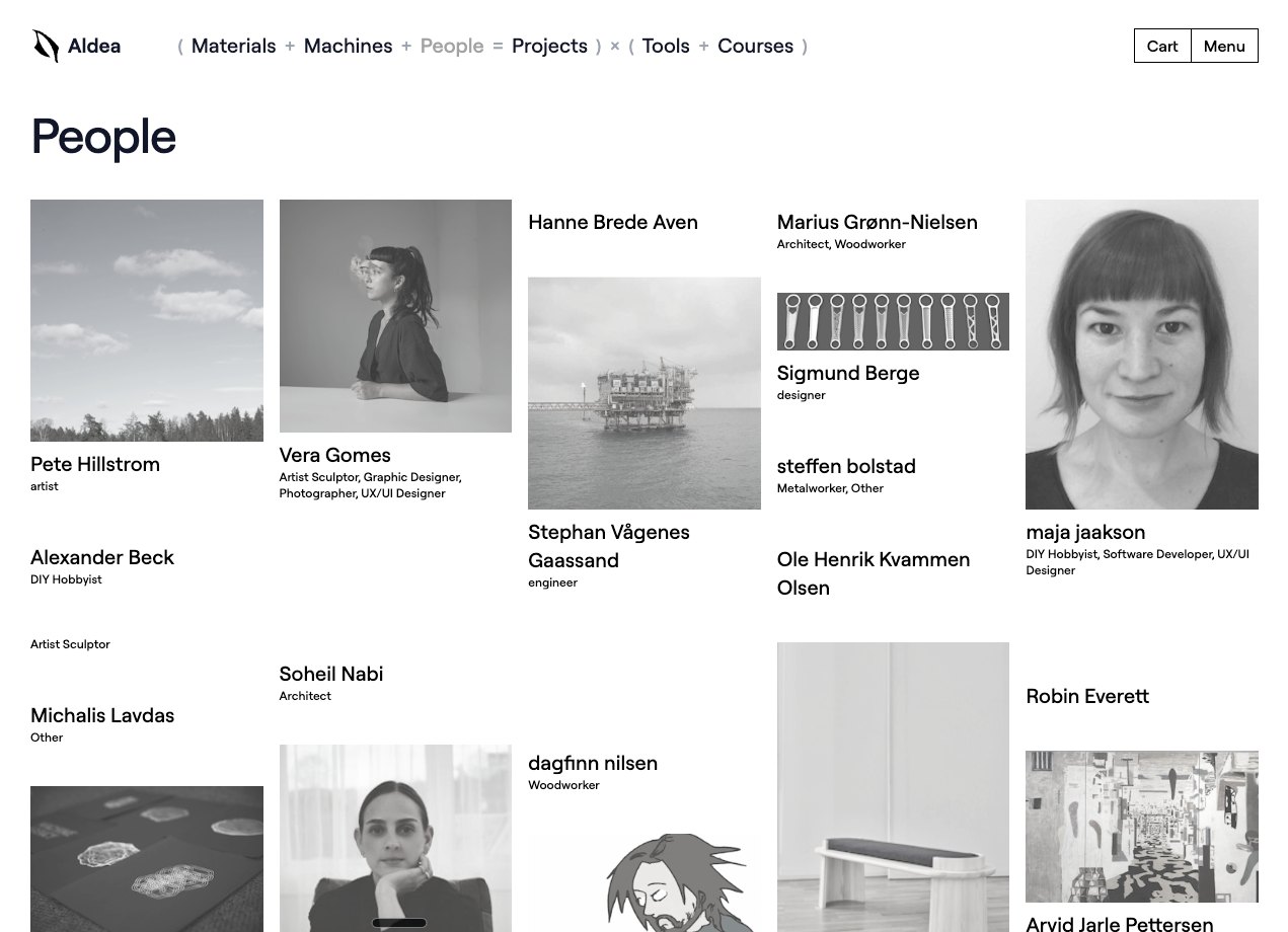 The People page of workshops.aldea.art, Aldea’s own workshop platform: a directory of the studio artists and designers